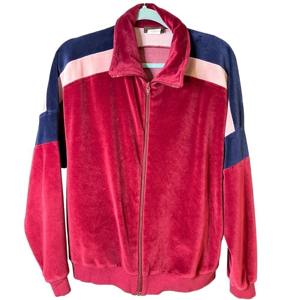 I. Magnin Mens Velour Jacket Size Medium Vintage Track Striped Zipper Front